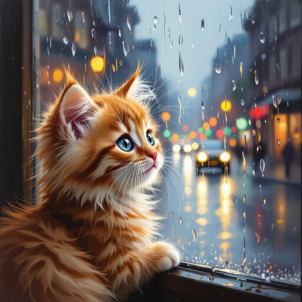 Fluffy Kitten Peering Through Rain-Streaked Window Gouache P...