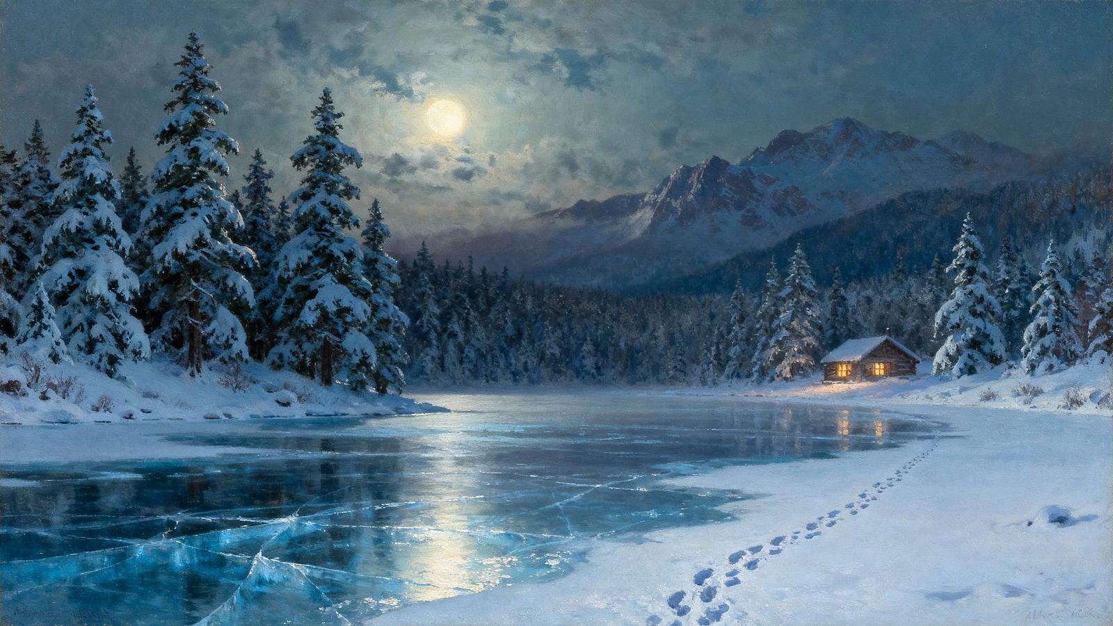 Winter Wonderland Serenity: Moonlit Snowscape with Cozy Cabi...
