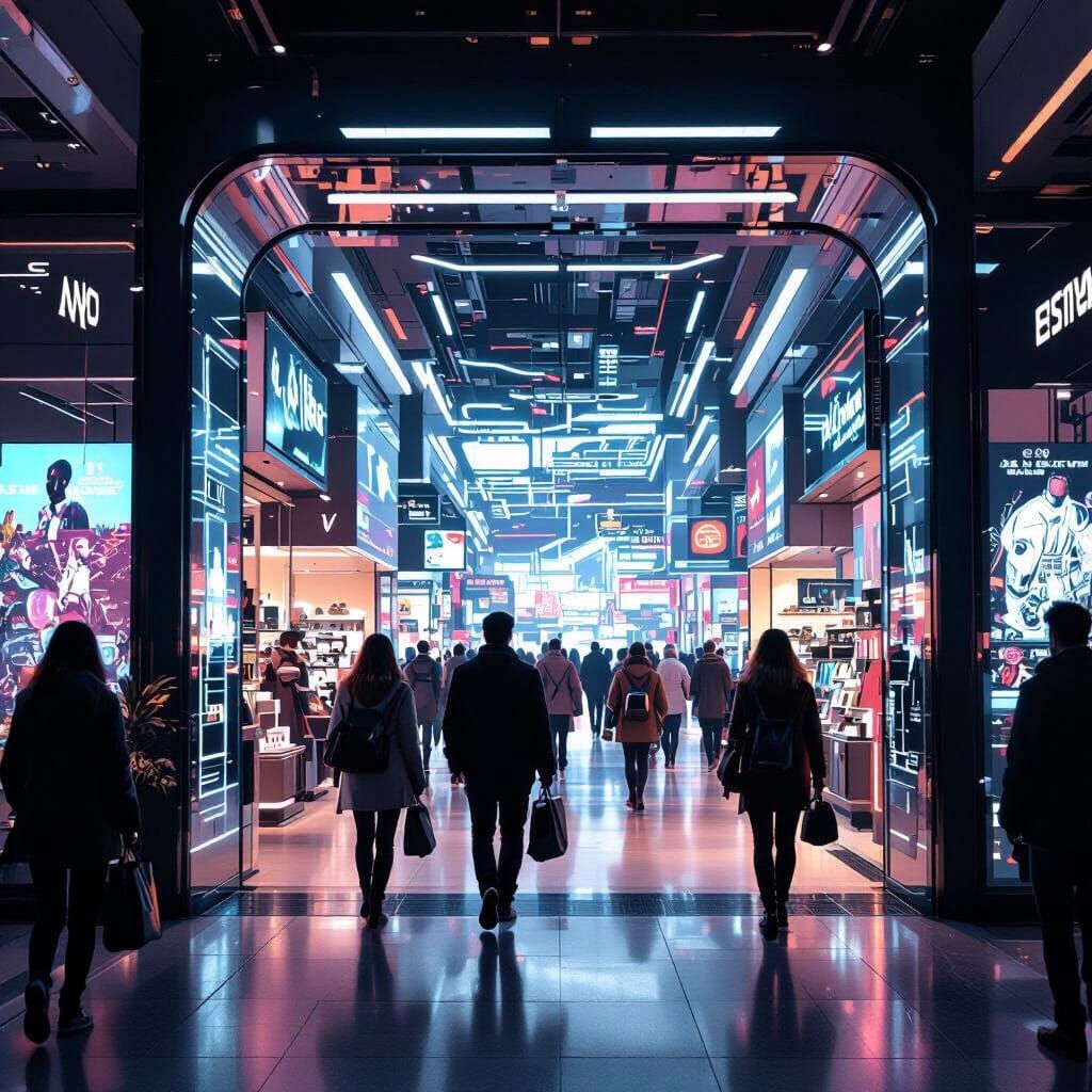 Futuristic Retail Store Entrance with Shoppers & Neon Lights