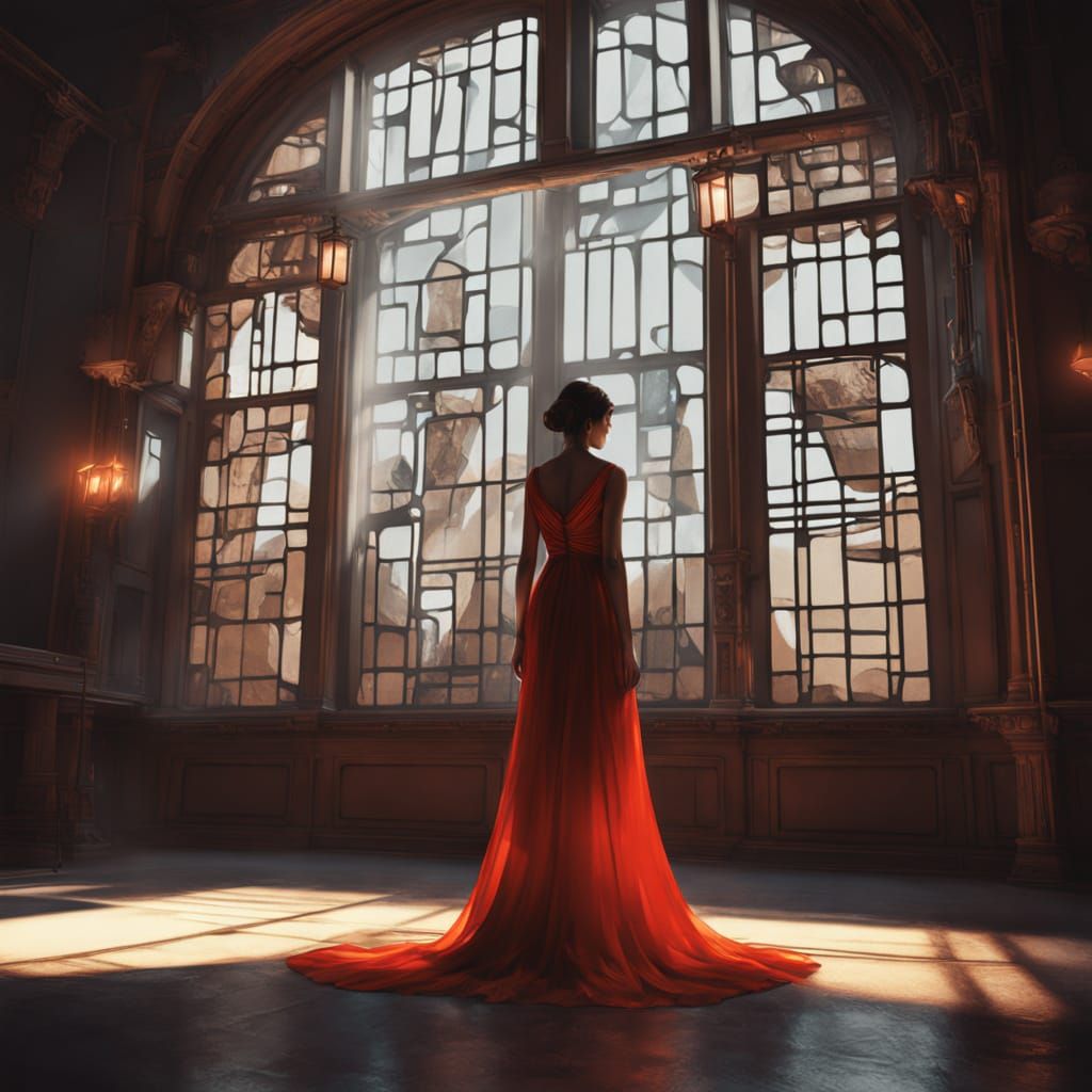 Woman in Red Dress in Retro-Futuristic Room