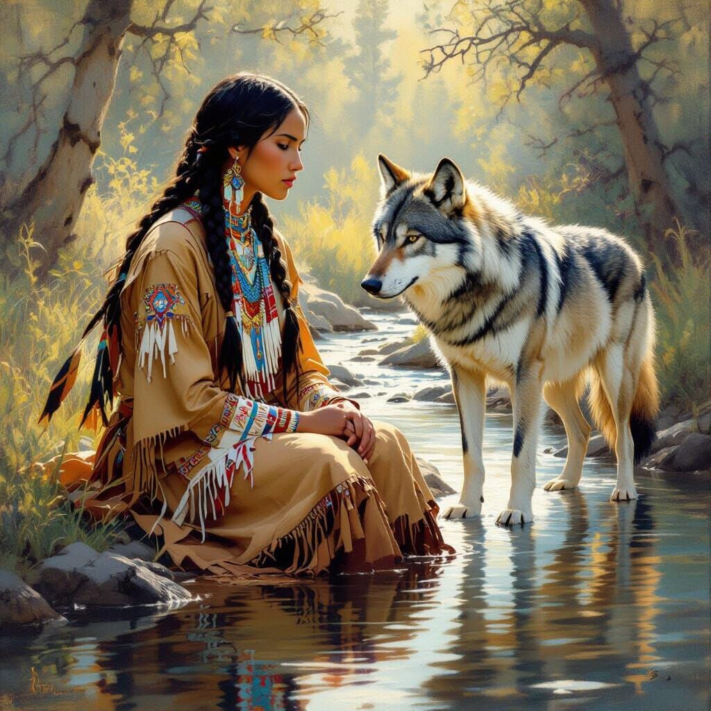 Native American Woman and Wolf by Stream in Oil Painting Sty...