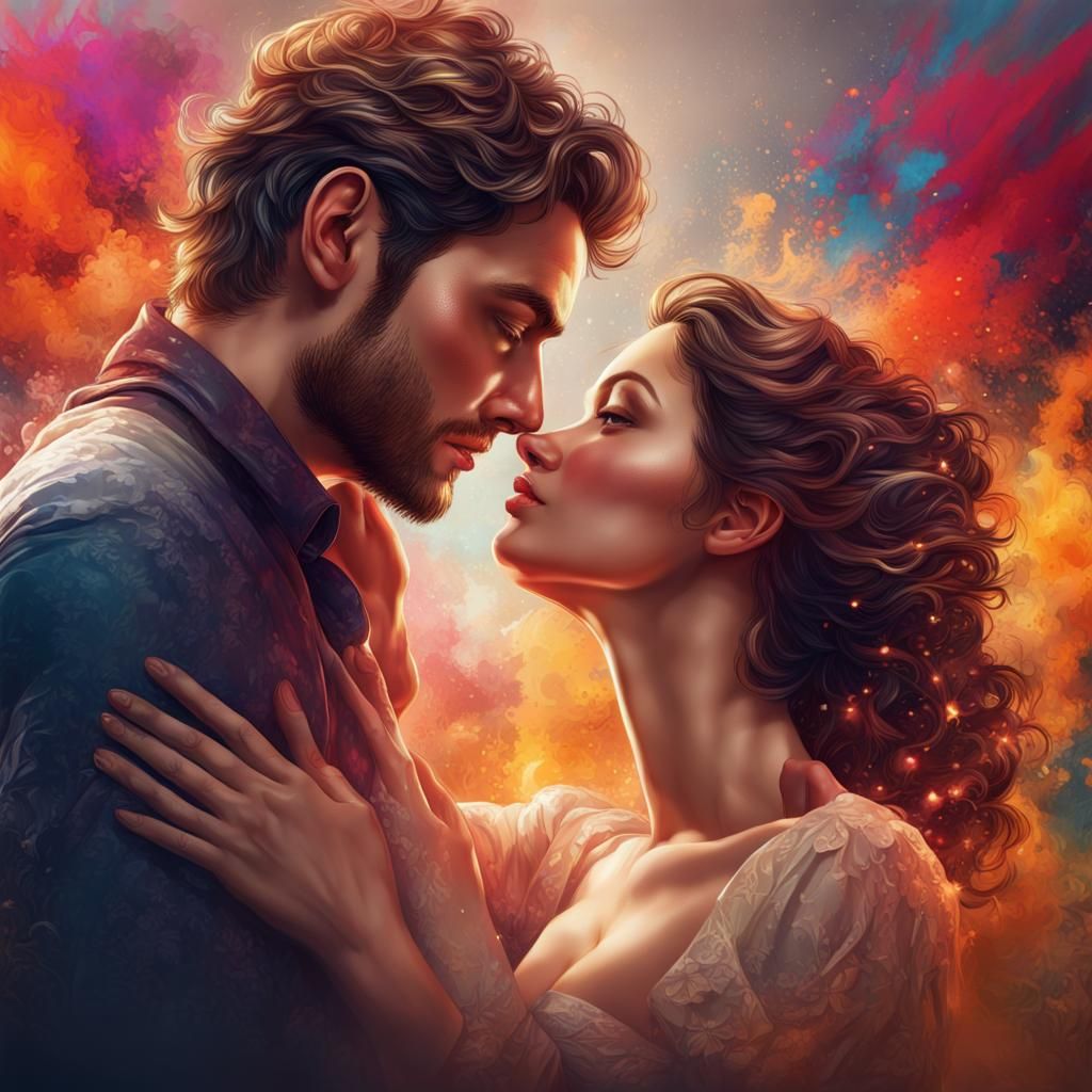 Romantic Couple Poster in Hyperrealistic Splash Art