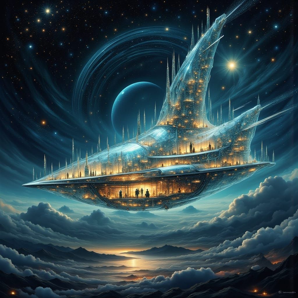Glass Spaceship Drifting in Space, Futuristic Art