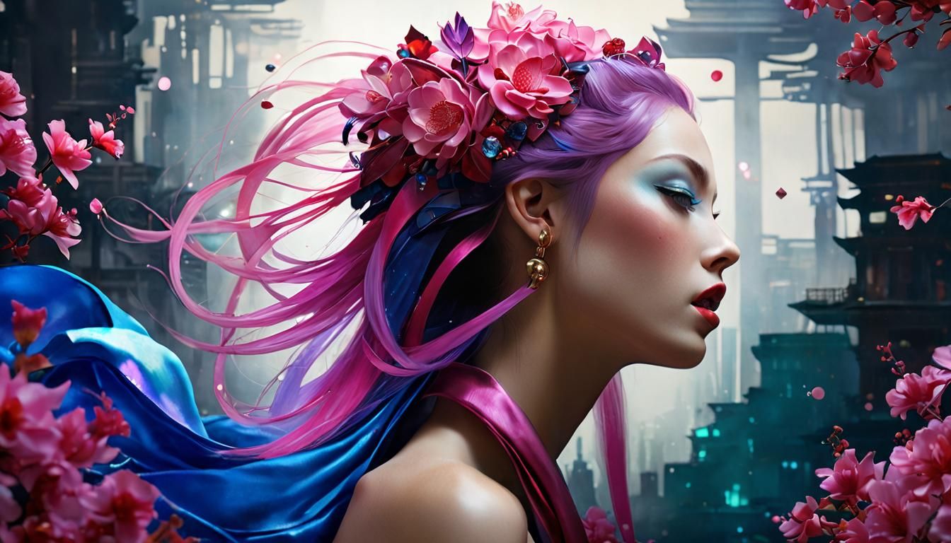 Pale Geisha in Dystopian Cyberpunk Art Deco Oasis