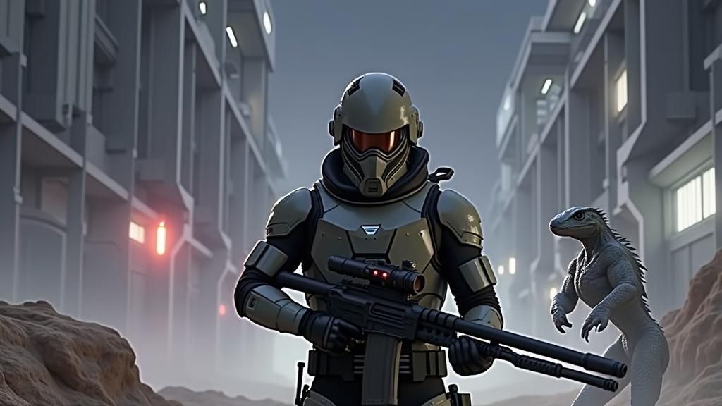 Futuristic Ambush: Soldier vs Alien in Gritty Sci-Fi