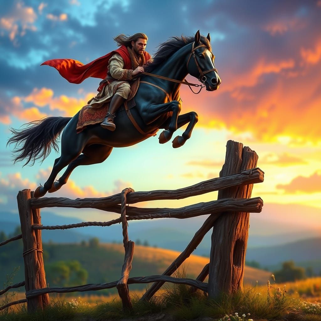Majestic Horseman Leaps Over Earth-Toned Fence in Hyperreali...