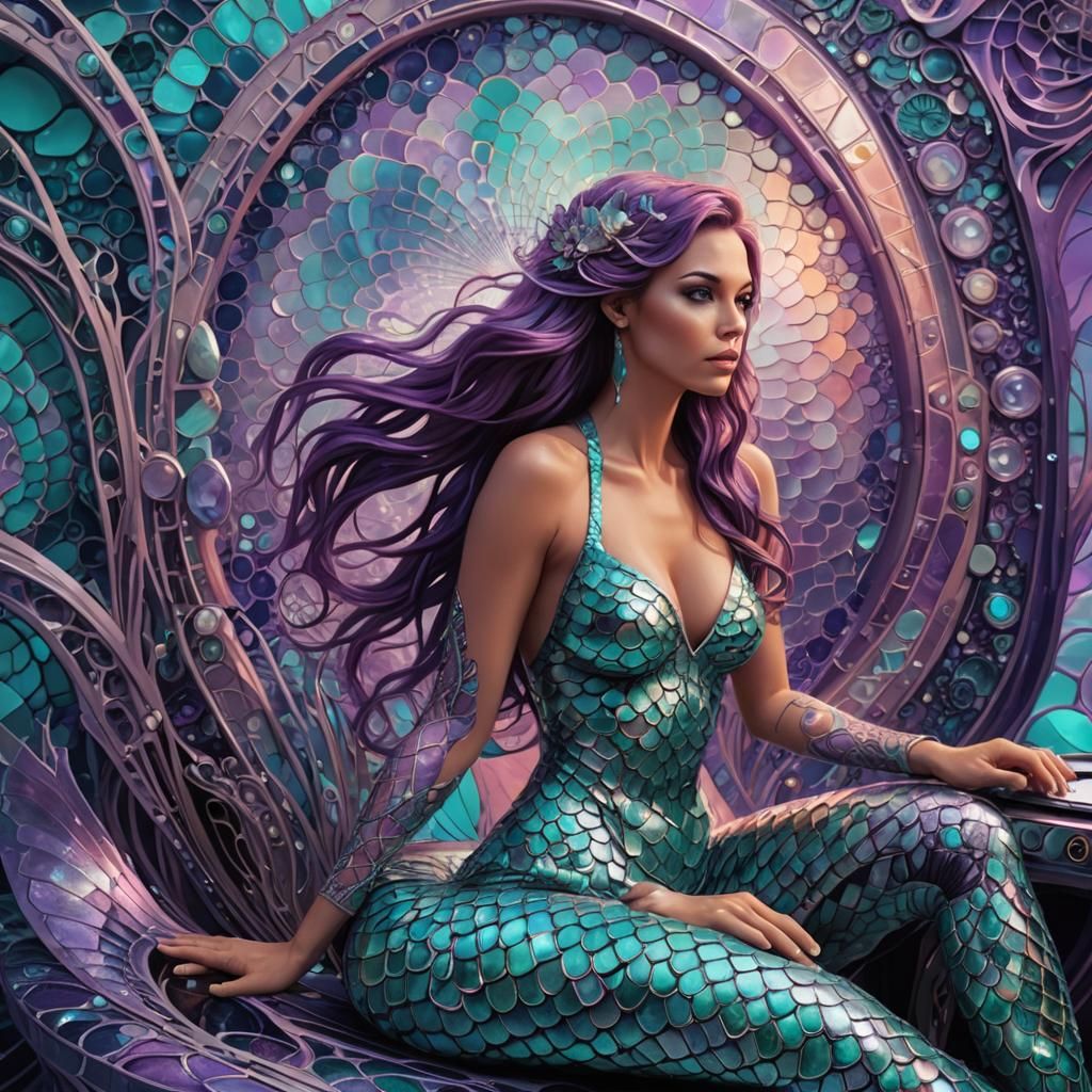 Futuristic Mermaid with Mirrorsian Computer in Surreal Style