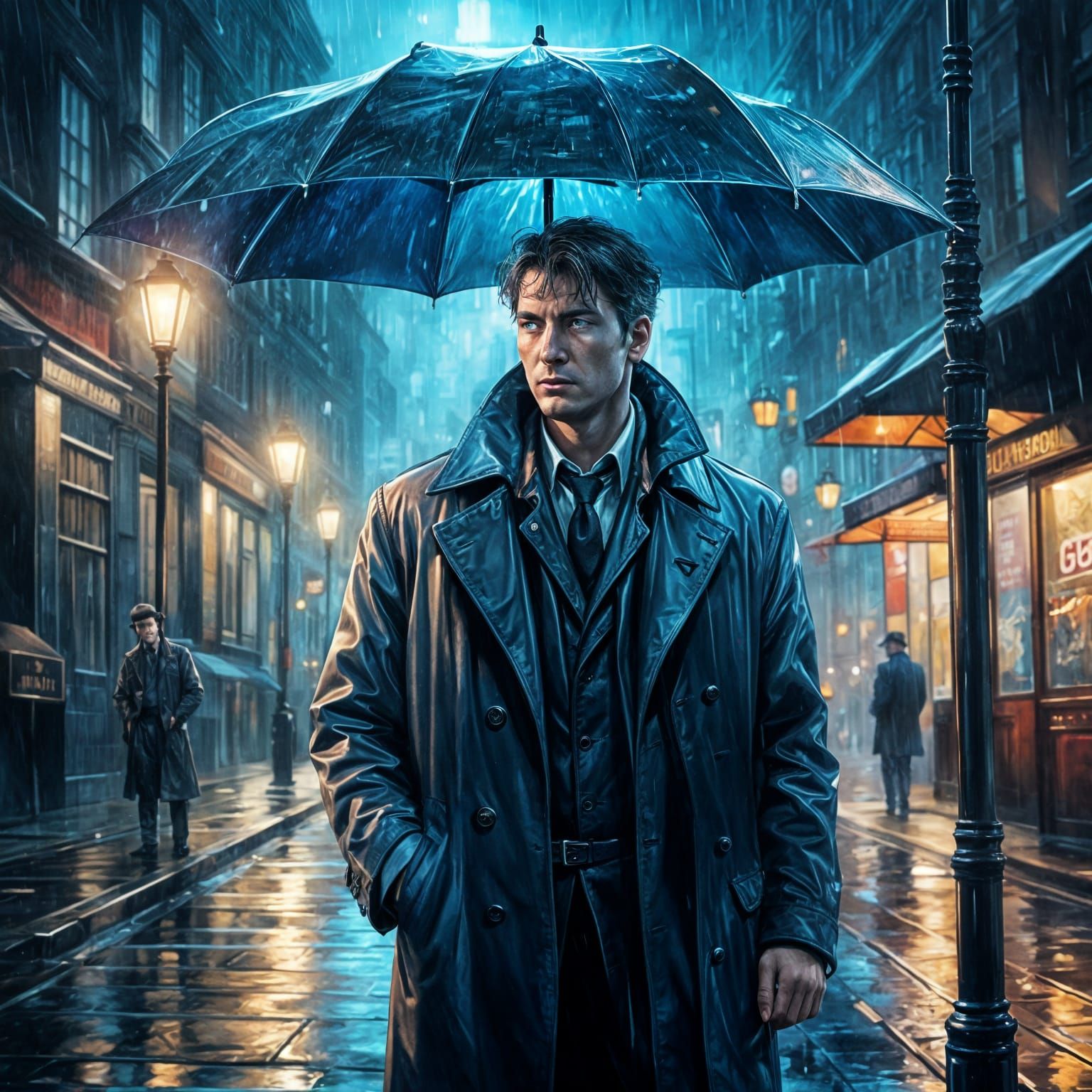 Hyperrealistic Detective in Rainy London