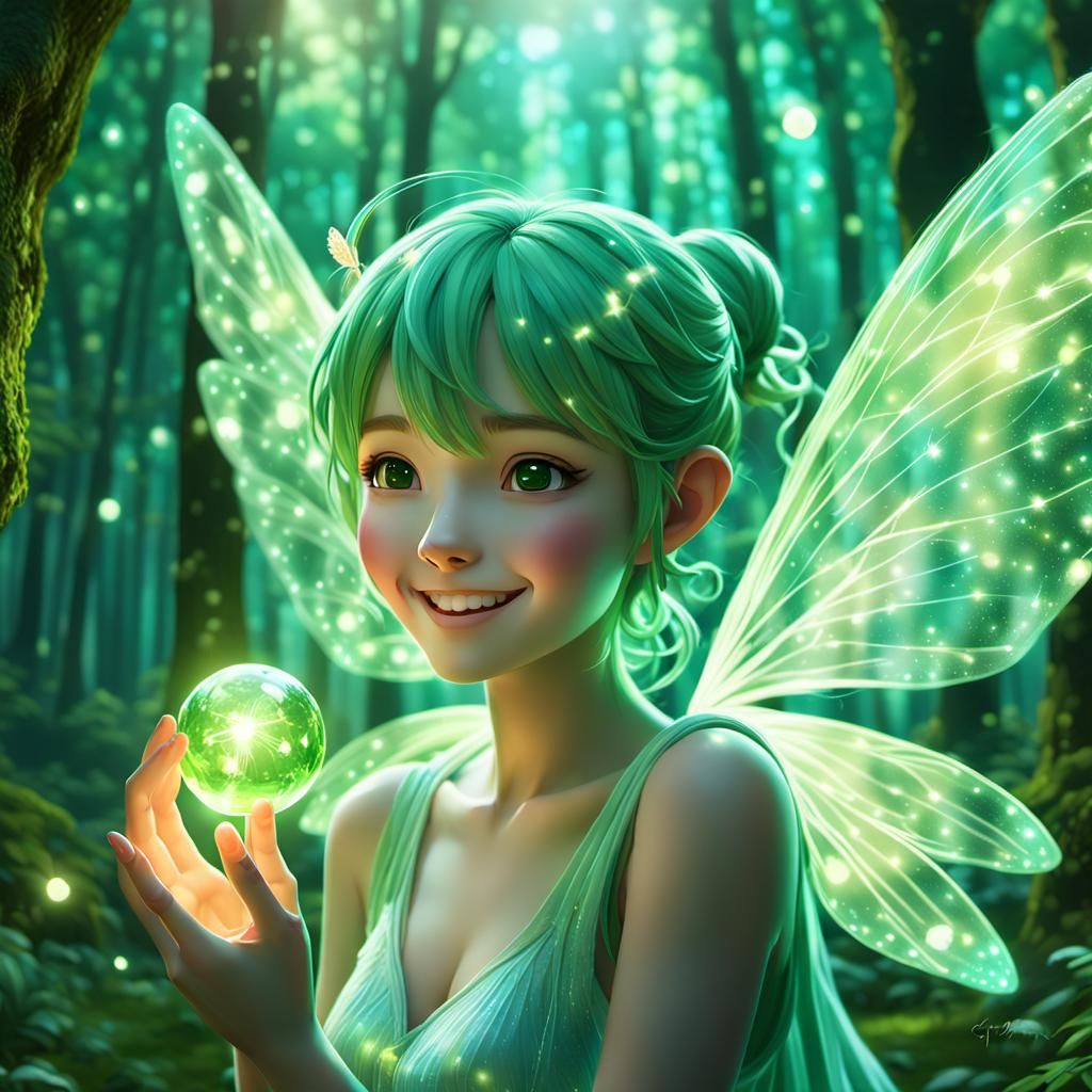 Smiling Fairy Plays with Light: 3D Anime Art