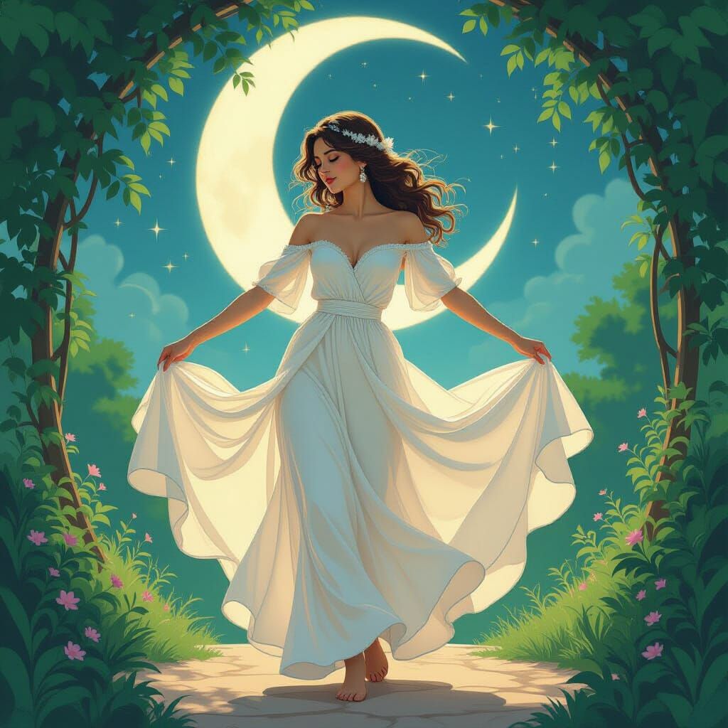 Ethereal Dance Under the Moon in Art Nouveau Style