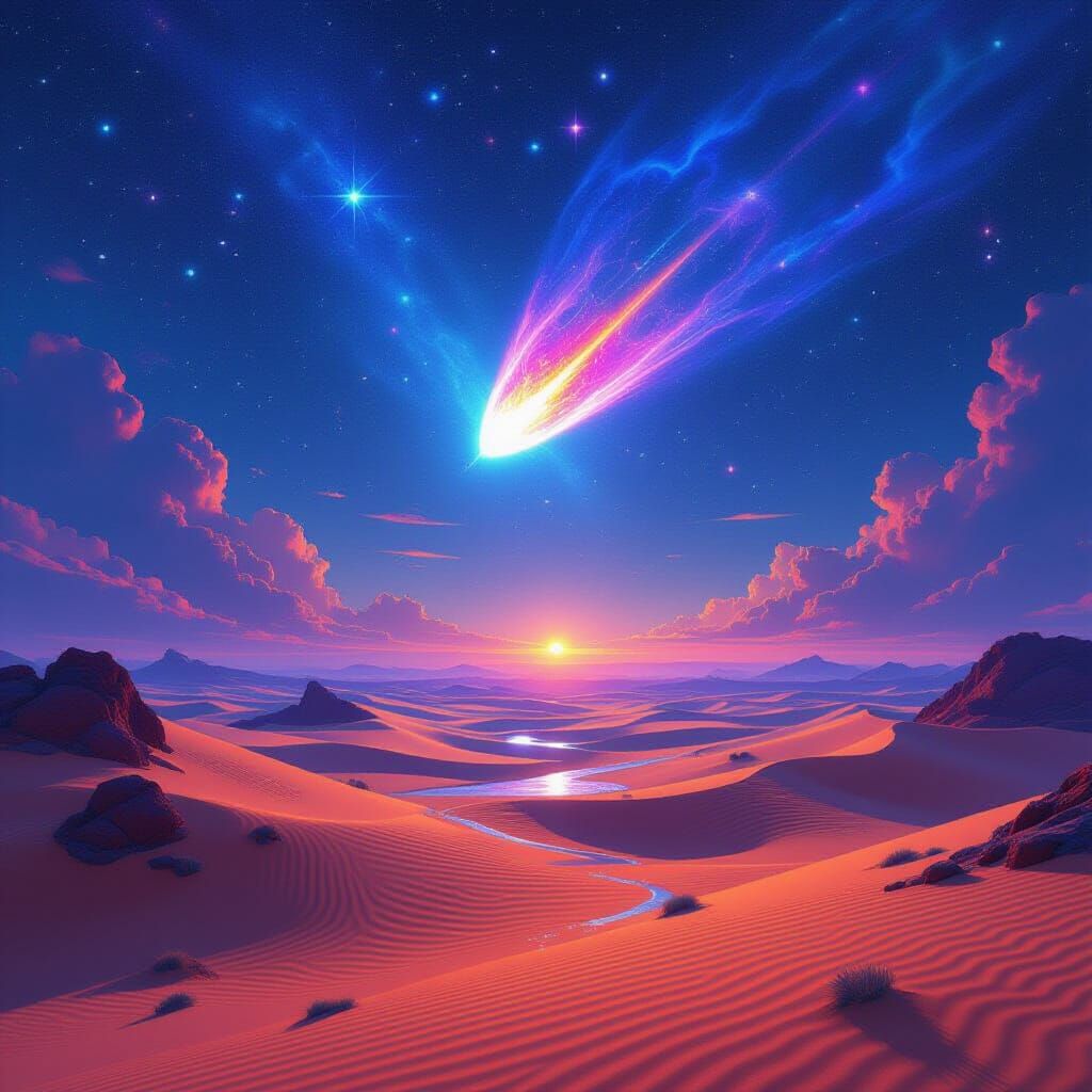 Cosmic Desert with Colossal Comet Under Starlight
