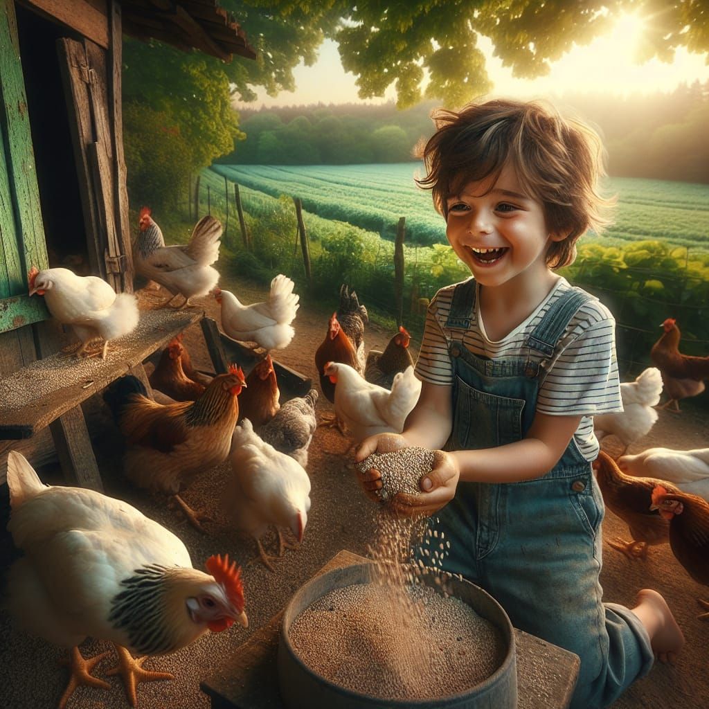 Boy Feeds Chickens on French Farm in Morning Light