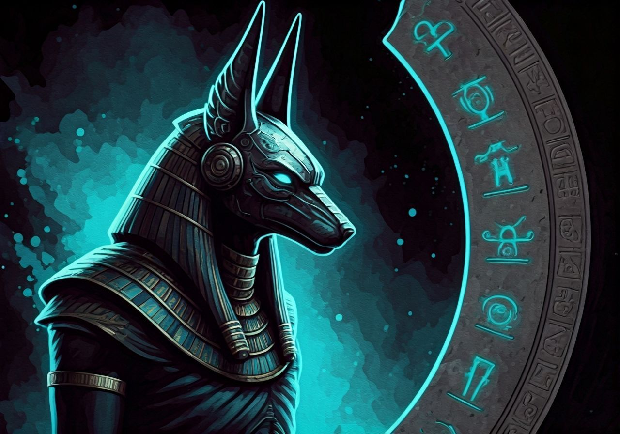 Anubis Inspects Alien Arc in Futuristic Dystopia