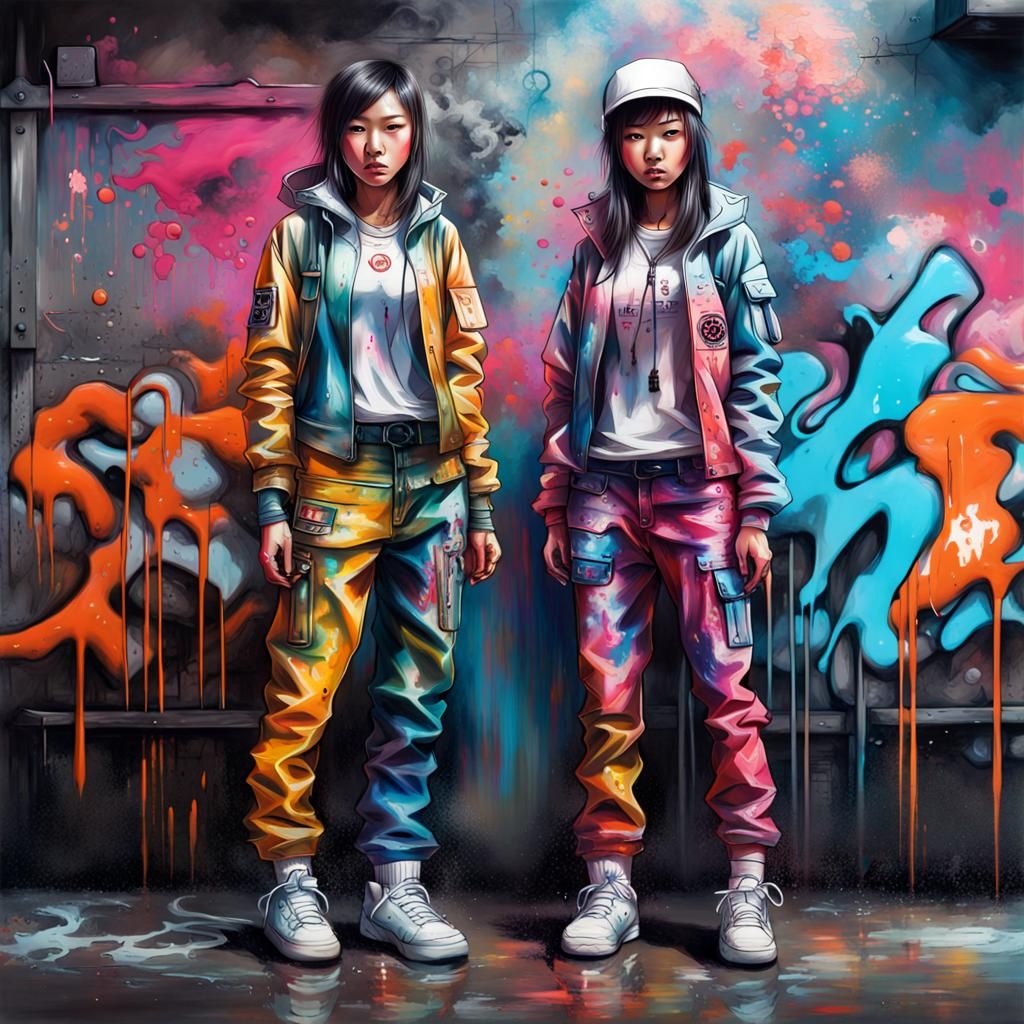 Asian Cyborg Girls in Graffiti Street Art Style