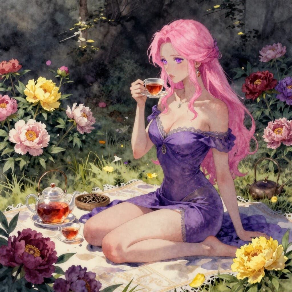 Peony Garden Picnic with Woman in Watercolor Style