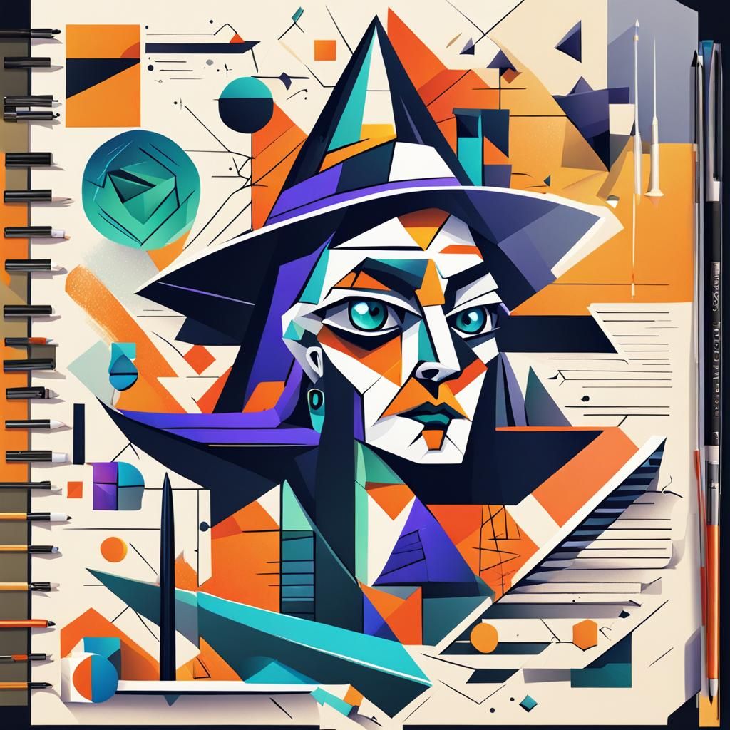 Illustrated Witch's Notebook Page in Cubist Style