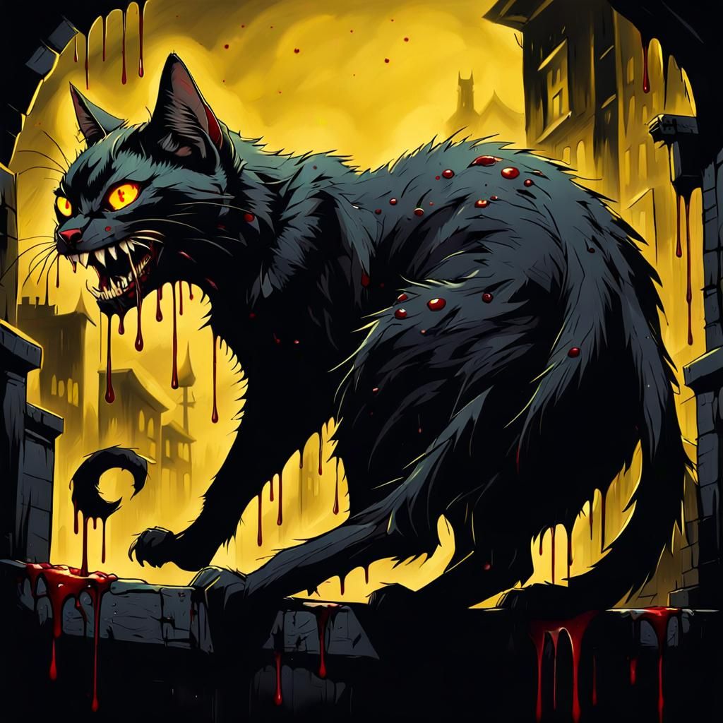 Terrifying Black Cat in Dark Romanticism Style