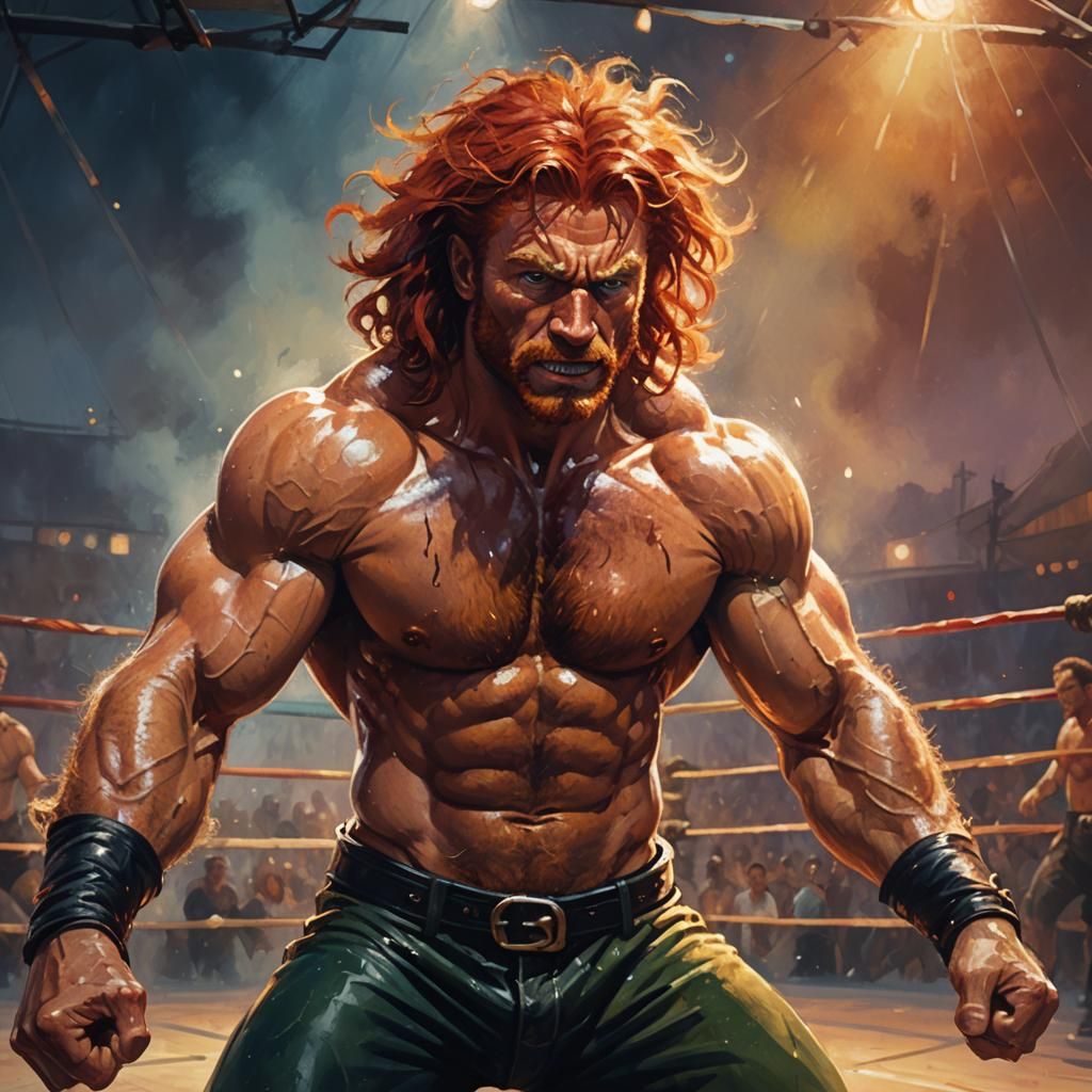 Red-Haired Wrestler Ready to Strike: Fantasy Oil Painting