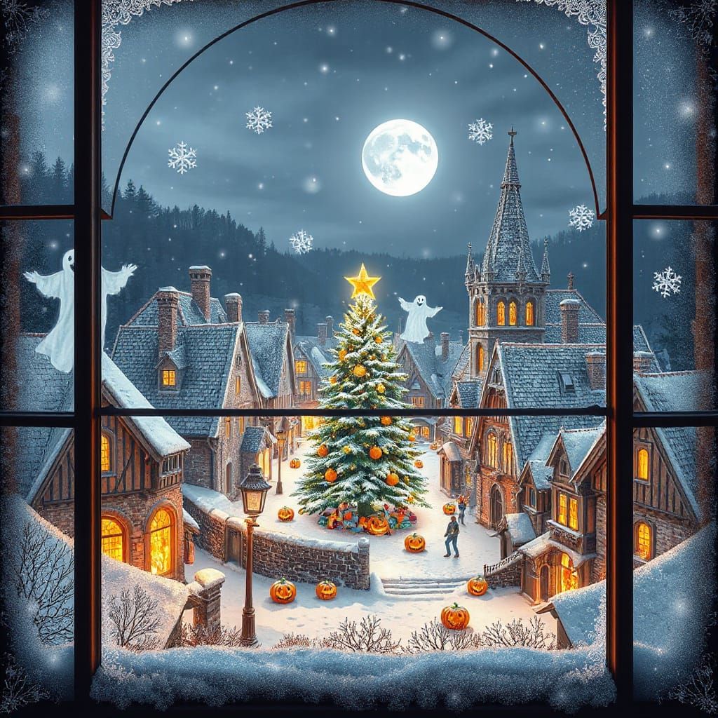 Frosty Window Reveals Magical Medieval Town in Snowstorm