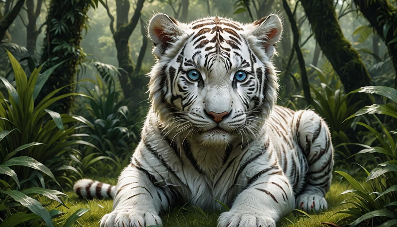 white tiger cute baby, blue eyes, body in the shape of a bal...