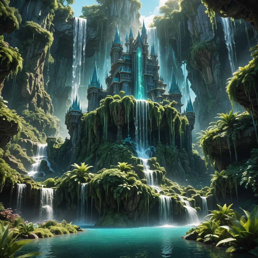 Crystal Castle Behind Waterfall: Digital Matte Painting