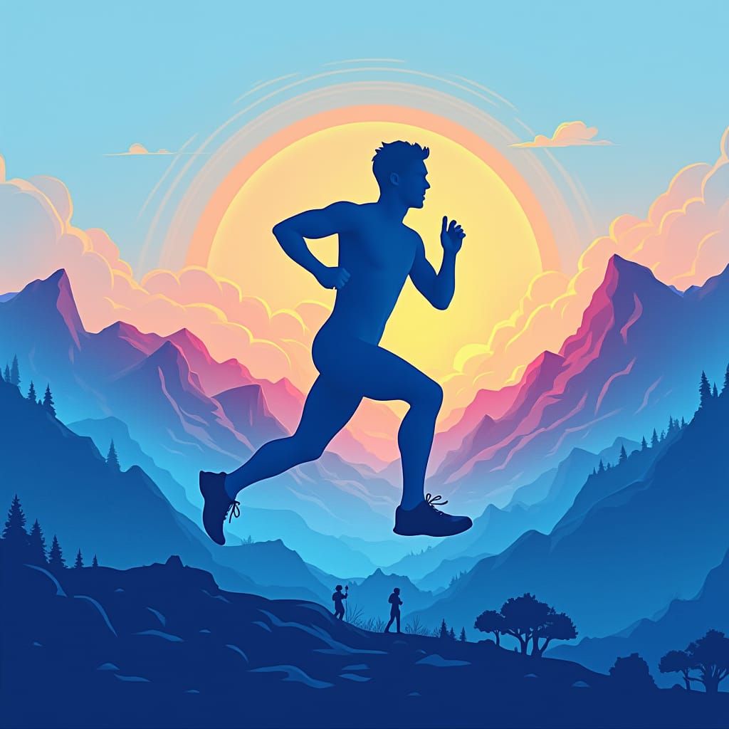Sky Blue Runner Silhouette Against Sunrise Mountains