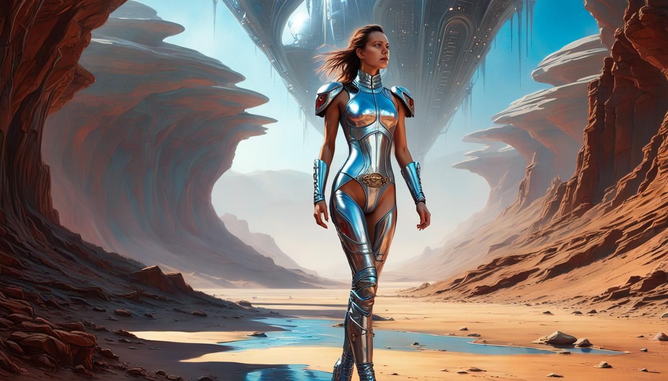 Cyborg Woman in Alien Spaceport, Science Fiction Art