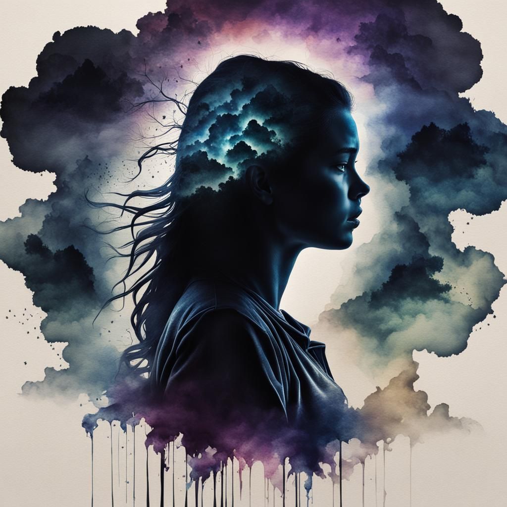 Silhouette Girl with Raging Storm: Watercolor Art