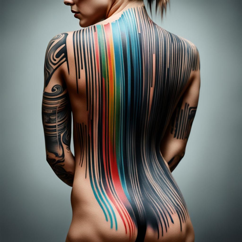 Woman with Barcode Tattoo in Hyperrealistic Abstract Art