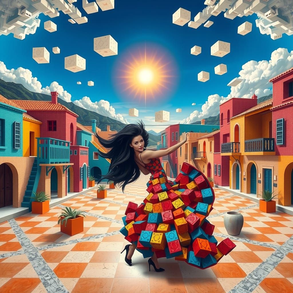 Vibrant Cubist Mediterranean Piazza in a Kaleidoscopic Dream...