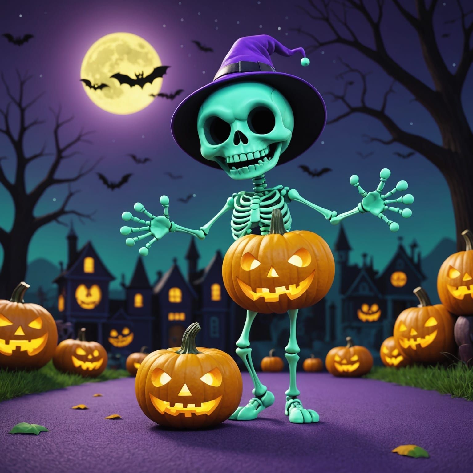 Cute Cartoon Skeleton with Halloween Pumpkin