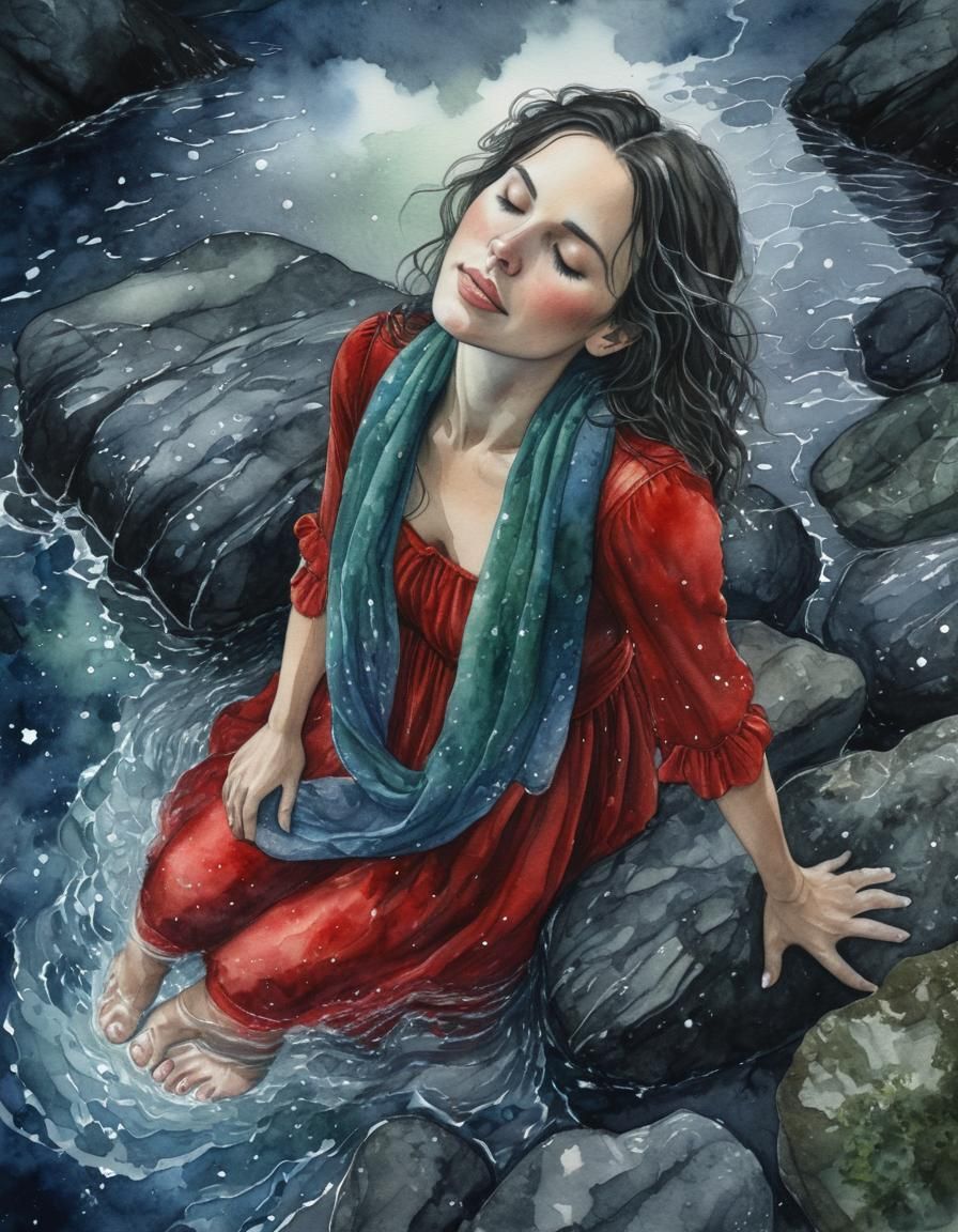 Watercolor Portrait of Woman on Rocky Shore