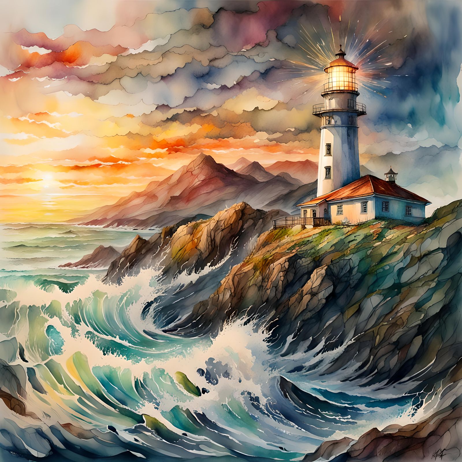 Watercolor Lighthouse Sunset: A Seasonscape Masterpiece