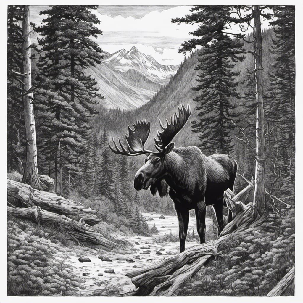 Moose in Mountain Forest Ink Drawing