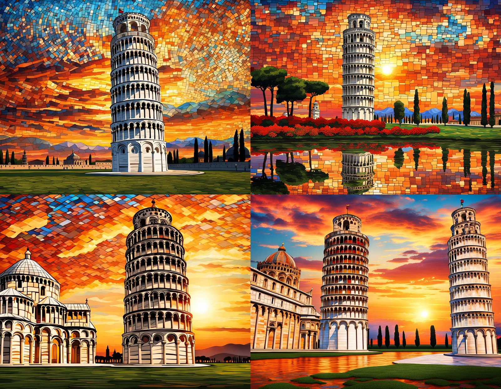 Leaning Tower of Pisa Mosaic at Sunset