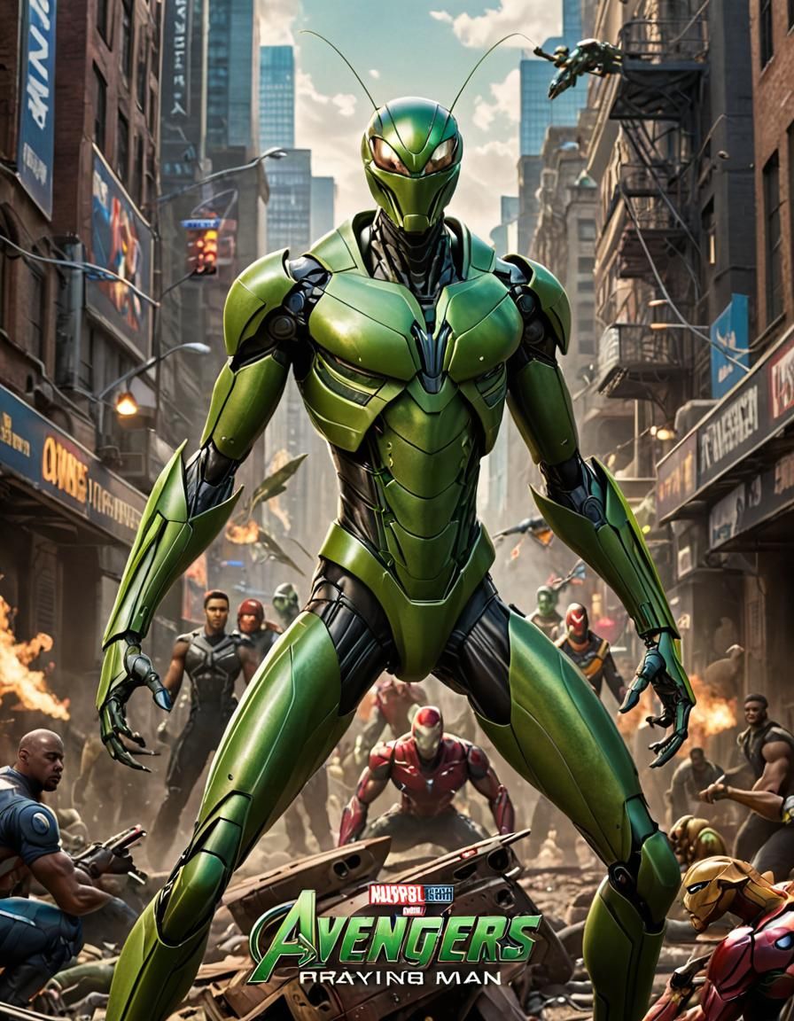 An epic movie poster in the style of Marvel's Avengers, titled "PRAYING MANTIS MAN."