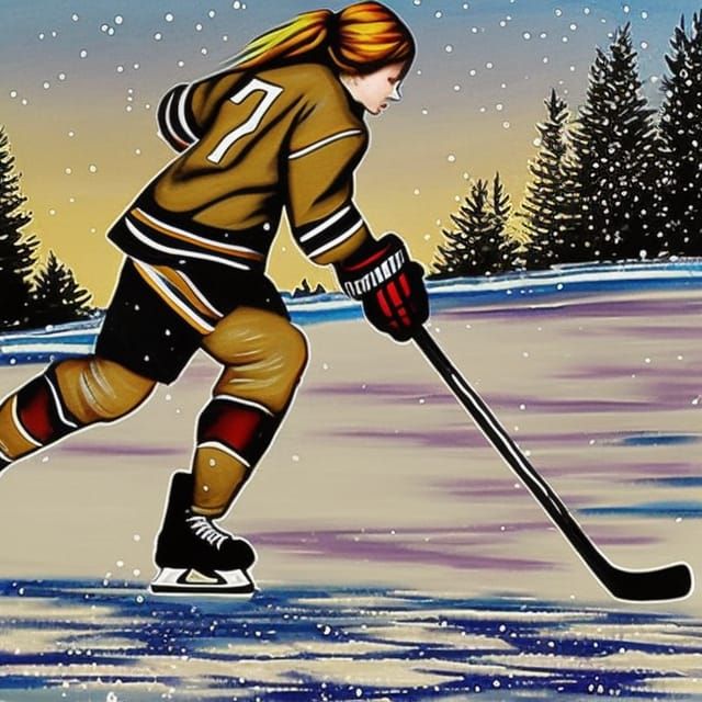 Hockey Player on Frozen Pond: A Colorful Painting