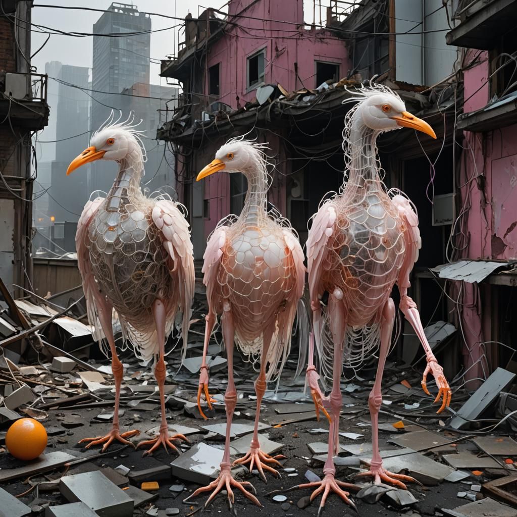 Transparent Androids in Ruined Cityscape, Cyberpunk Style