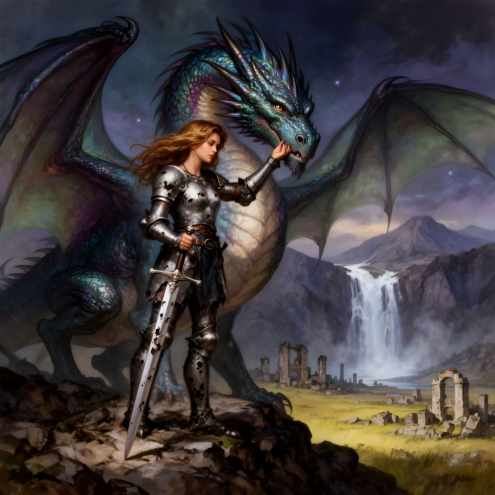 Knight and Dragon on Mountain Peak