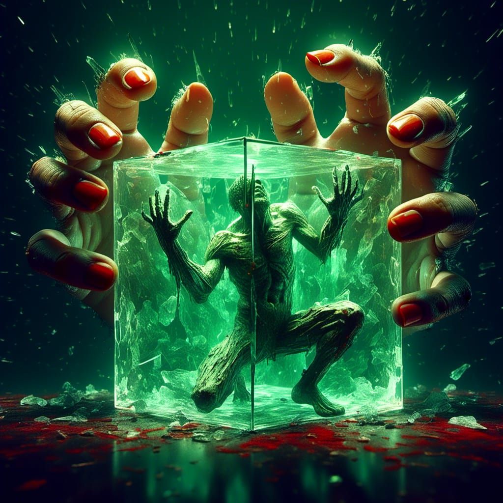 Figure Trapped in Glass Cube with Creepy Lighting