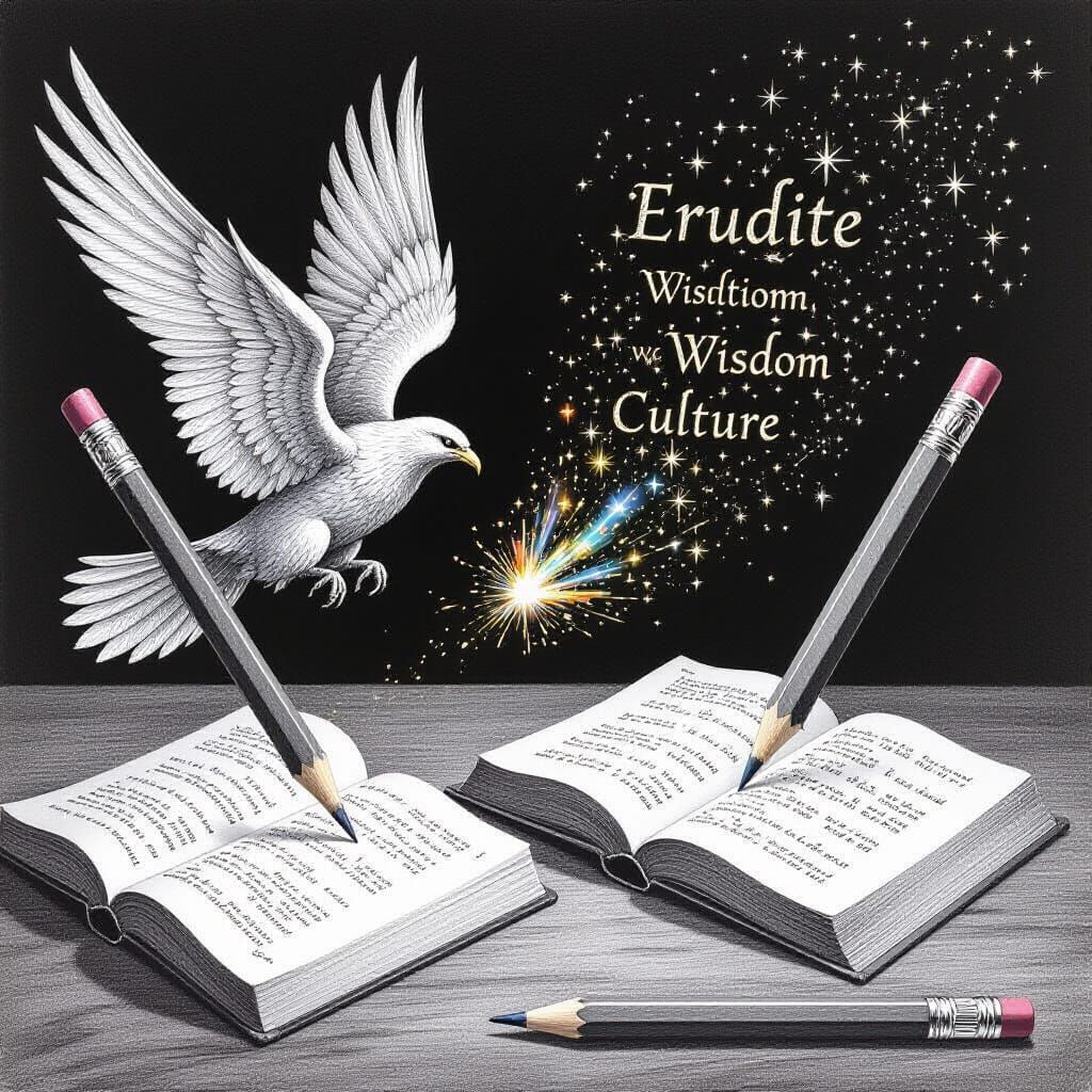 Pencil Sketch of Flying Pencils Writing Wisdom