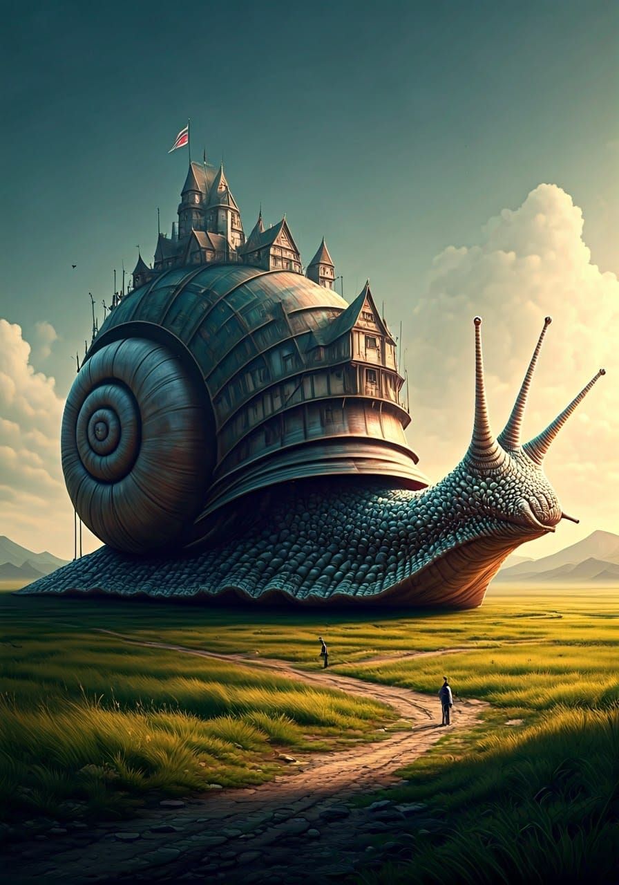 Gigantic Snail Guardian Roams the Plains with a Medieval Vil...