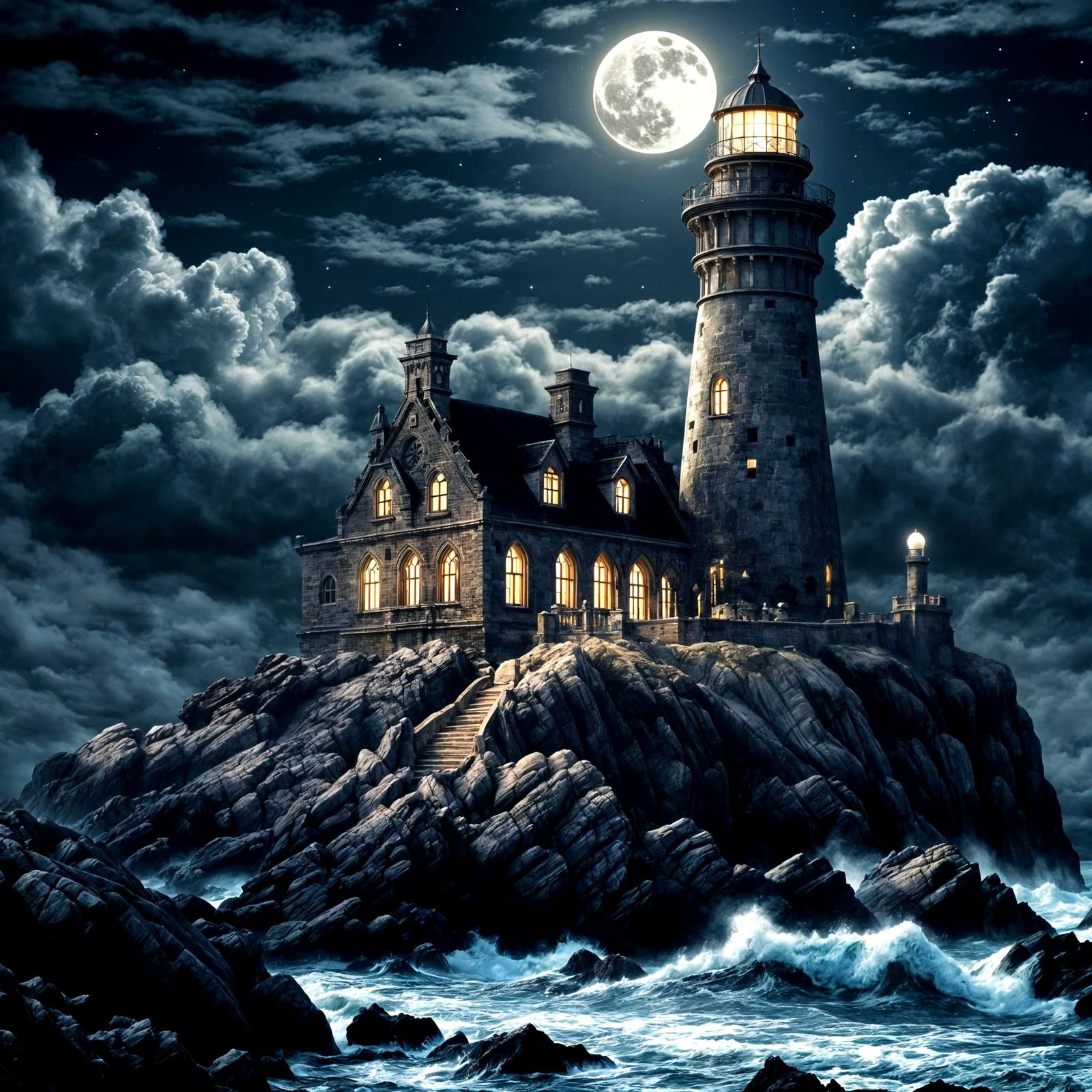 Gothic Lighthouse and Mansion Under Moonlight