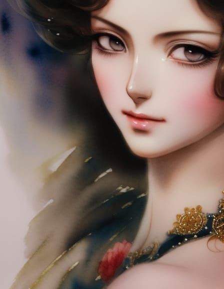 Sensual Anime Girl Portrait in Watercolor Style