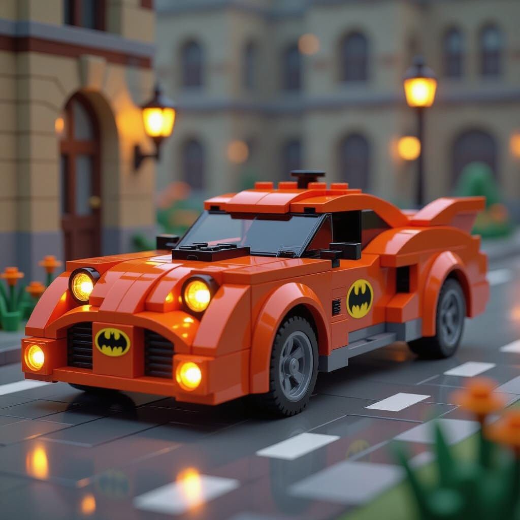 Whimsical Orange Batmobile Made of LEGO Bricks