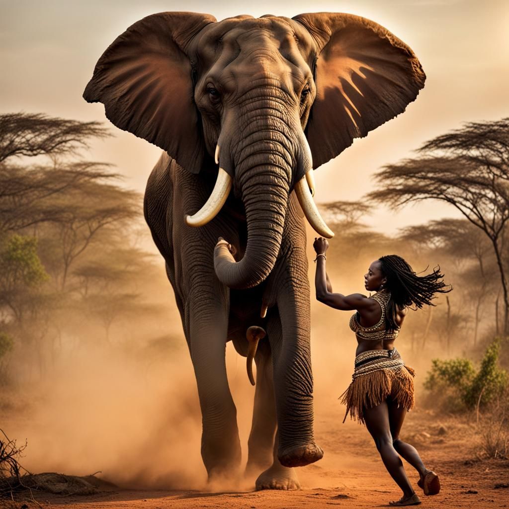 Muscular African Girl's Elephant Fight