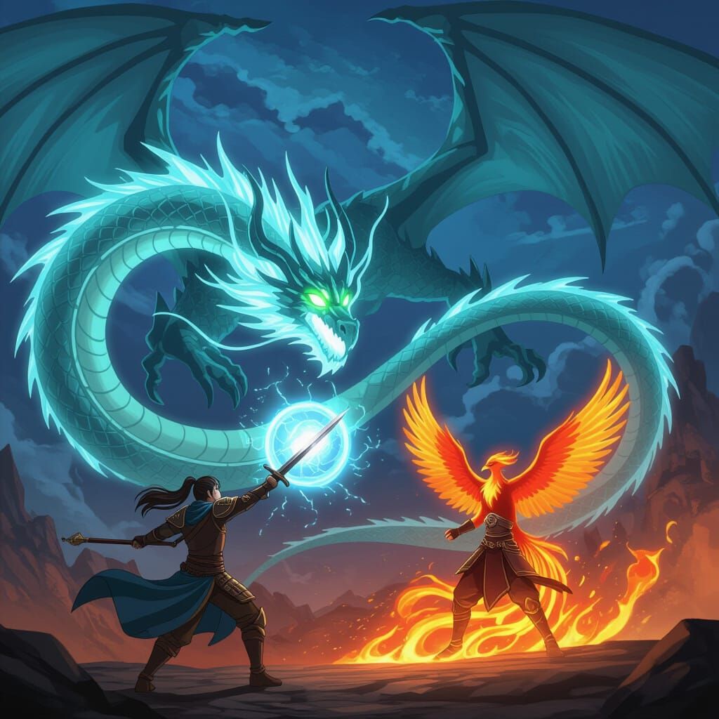 Warrior Summons Energy Dragon Against Fiery Phoenix in Anime...