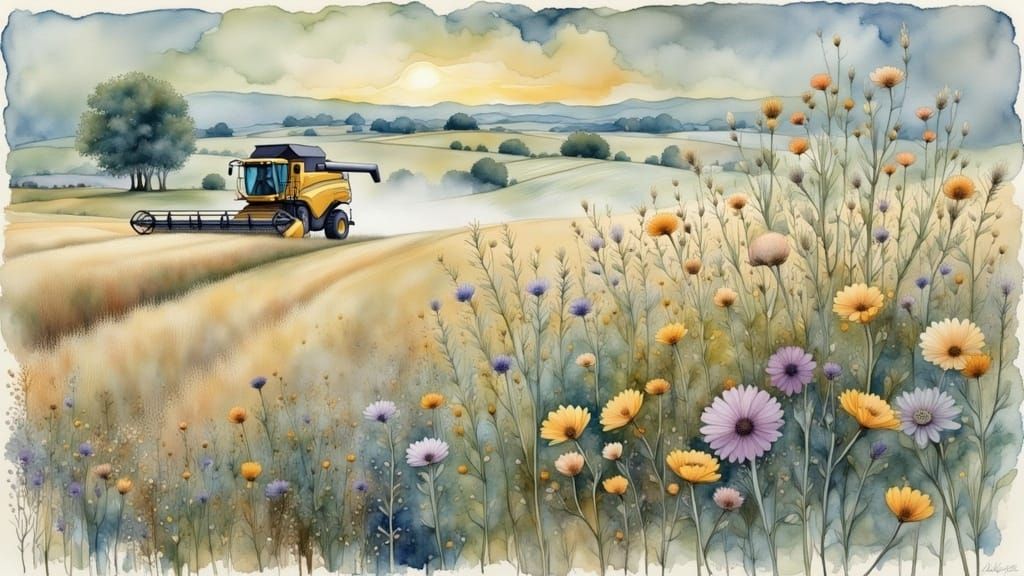 Golden Wheat Fields with Combine Harvester in Impasto Style