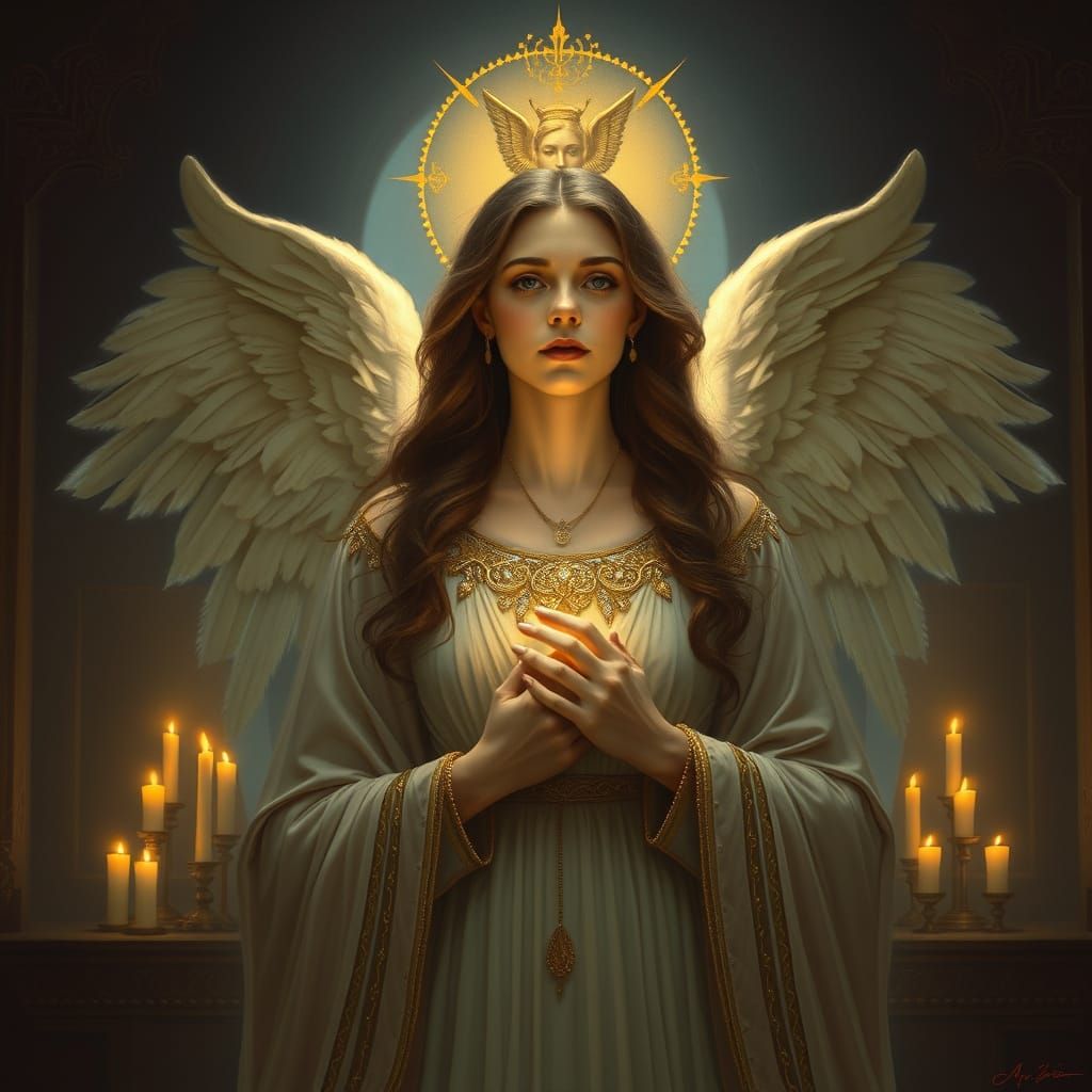 Divine Woman in Candlelit Chapel, Mystical Realism