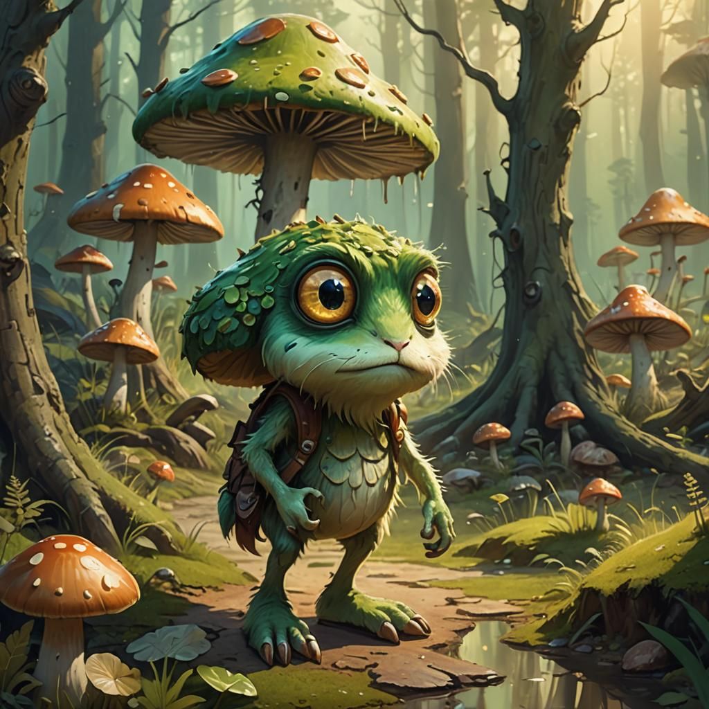 Green Forest Creature in Mystical Setting